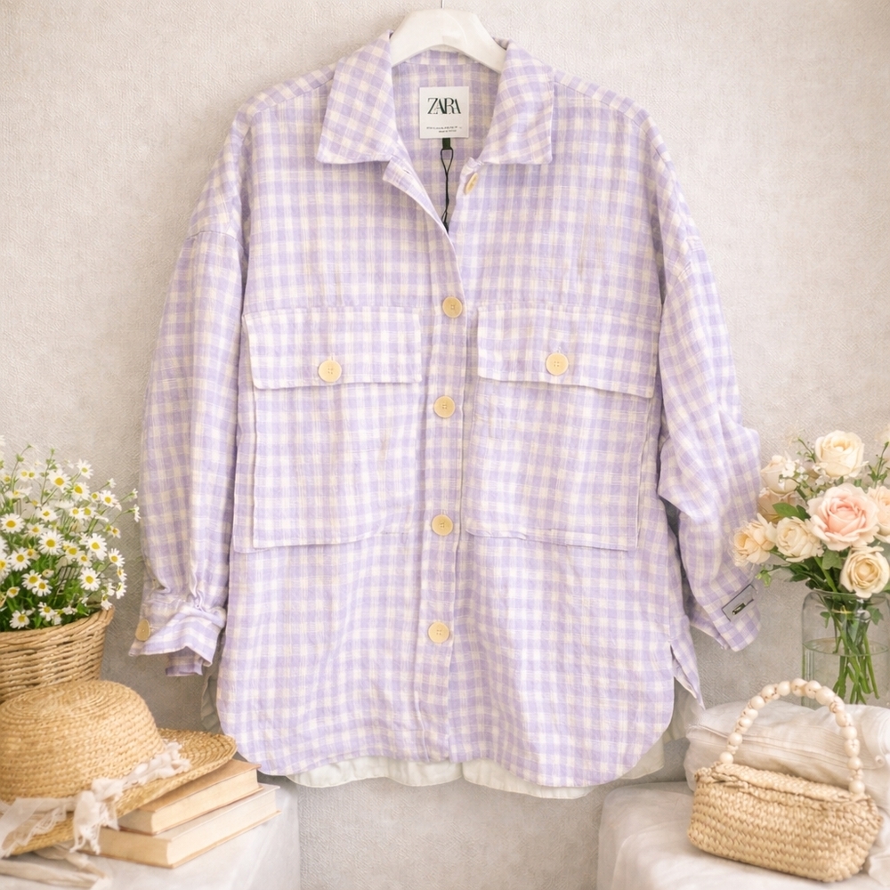 Zara Lilac Gingham Shirt Jacket Shacket XS -M